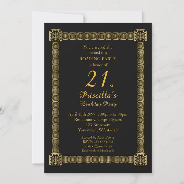 21st,Birthday Party,Gastby Style,Black Gold v3a Invitation (Front)