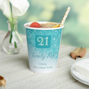 21st Birthday Party Gleaming Teal Blue Glitter Paper Cups