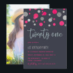 21st Birthday Party glitter confetti invitation<br><div class="desc">Pink and silver glitter confetti 21st Birthday Party photo invitations with elegant handwriting typography customisable to your specifics.</div>