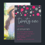 21st Birthday Party glitter confetti invitation<br><div class="desc">Pink and silver glitter confetti 21st Birthday Party photo invitations with elegant handwriting typography customisable to your specifics.</div>
