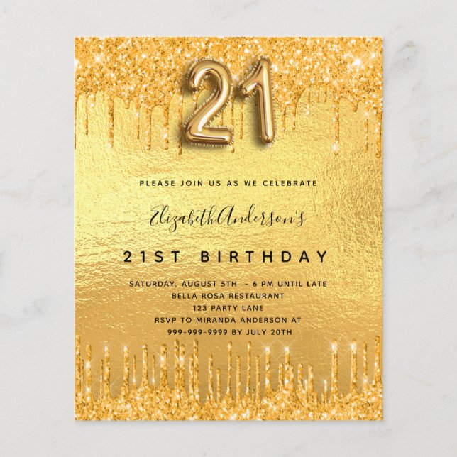 21st birthday party gold glitter invitation (Front)