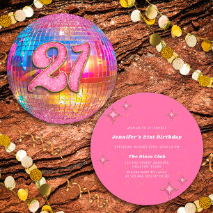 21st Birthday Party Gold Pink Glitter Disco Ball Invitation