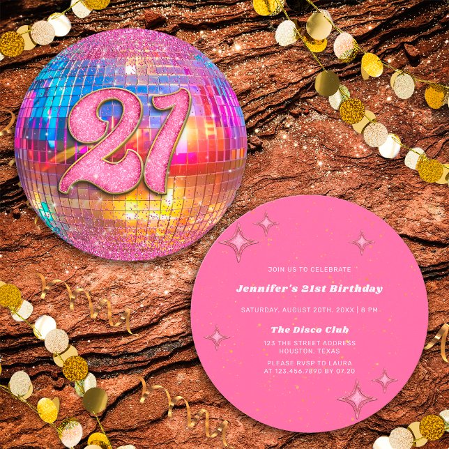 21st Birthday Party Gold Pink Glitter Disco Ball Invitation (Front/Back)