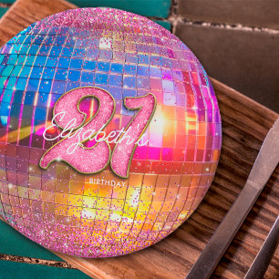 21st Birthday Party Gold Pink Glitter Disco Ball Paper Plate