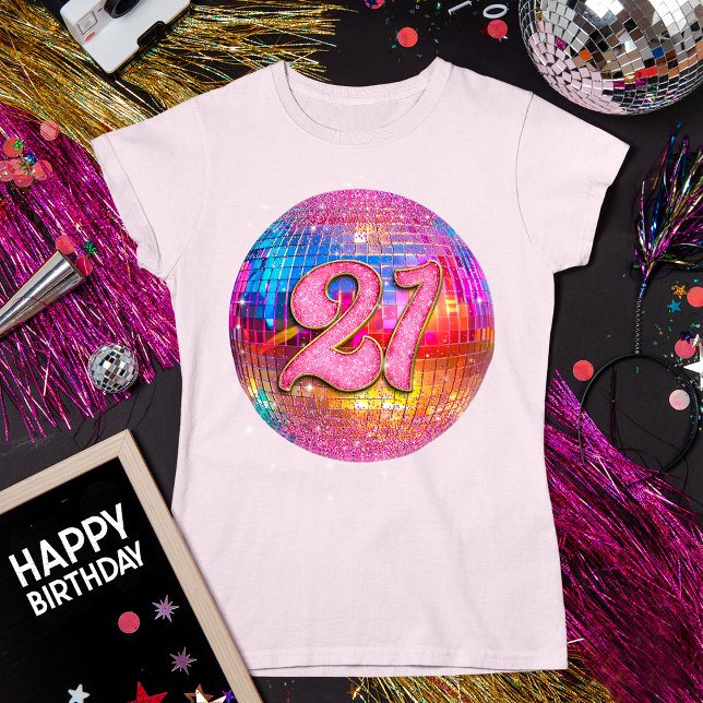 21st Birthday Party Gold Pink Glitter Disco Ball T-Shirt (Creator Uploaded)