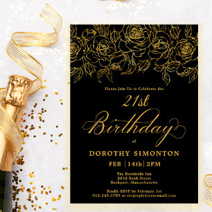 21st Birthday Party Gold Rose Floral Black Invitation