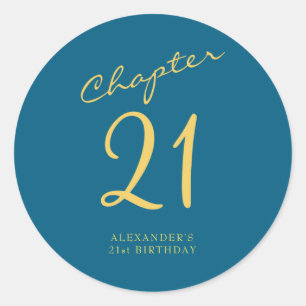 21st Birthday Party Gold Script Blue  Classic Round Sticker
