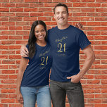 21st Birthday Party Gold Script Blue T-Shirt<br><div class="desc">Celebrate the 21st birthday of a special someone in your life with this custom gold script blue t-shirt! Perfect for a family and friends celebration, this t-shirt is a great way to mark the occasion and have everyone party-ready in style. From birthdays, to anniversaries, to special occasions, make sure to...</div>