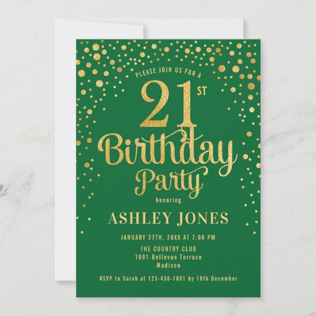 21st Birthday Party - Green & Gold Invitation (Front)
