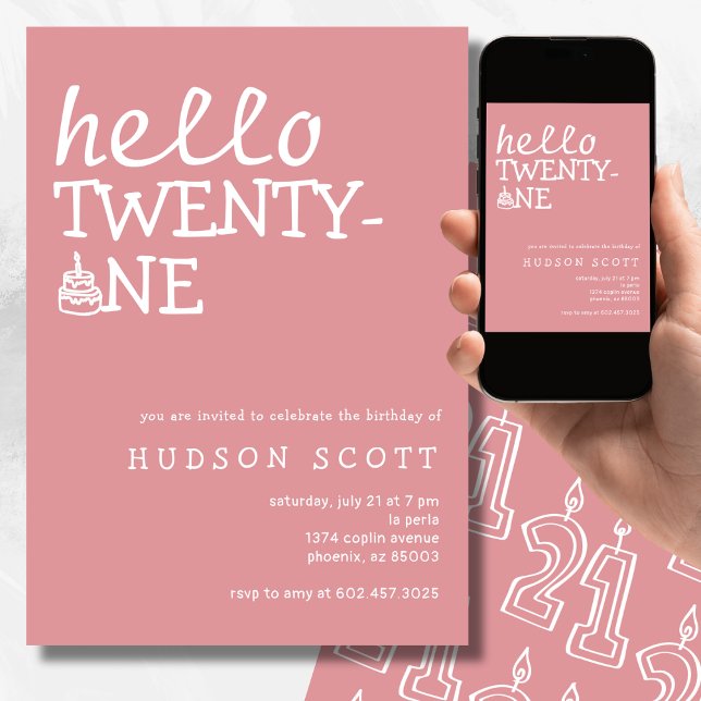 21st Birthday Party Hello Twenty-one Modern Pink Invitation (Creator Uploaded)