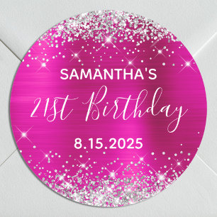 21st Birthday Party Hot Pink and Silver Glitter Classic Round Sticker