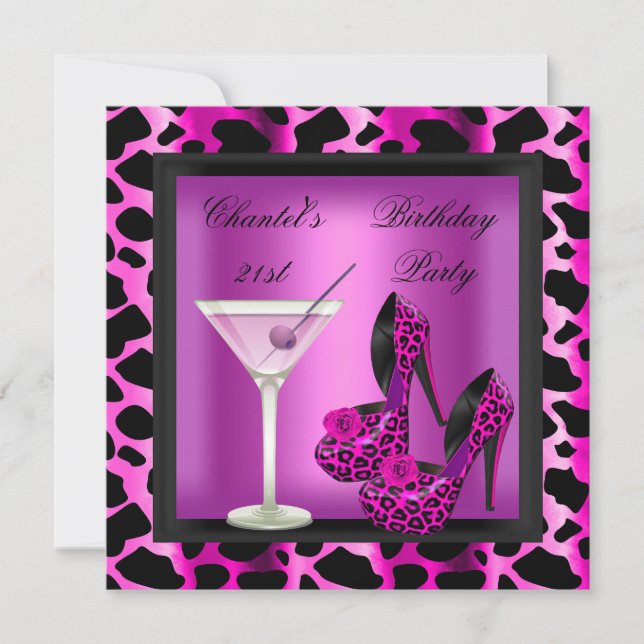 21st Birthday Party Hot Pink Leopard Martini Invitation (Front)