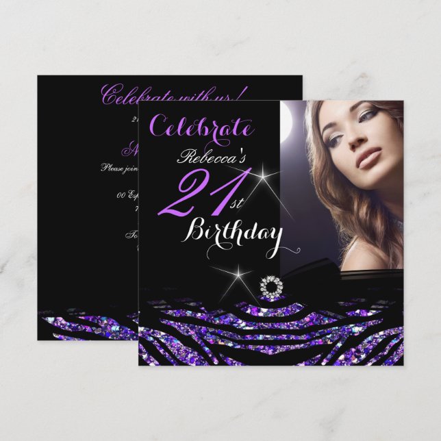 21st Birthday Party Hot Purple 21 Zebra Photo 4 Invitation (Front/Back)