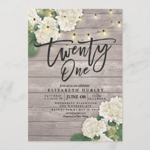 21st Birthday Party Hydrangea Flowers Lights Wood Invitation