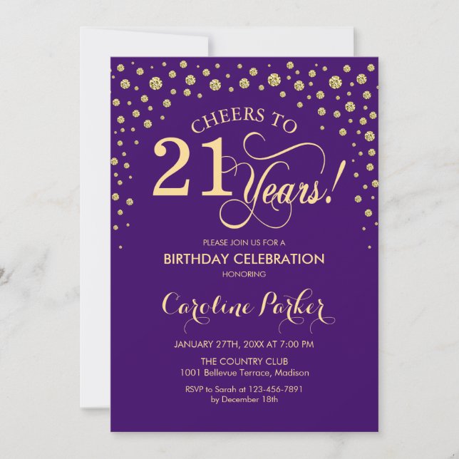 21st Birthday Party Invitation - Gold Purple (Front)