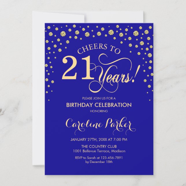 21st Birthday Party Invitation - Gold Royal Blue (Front)