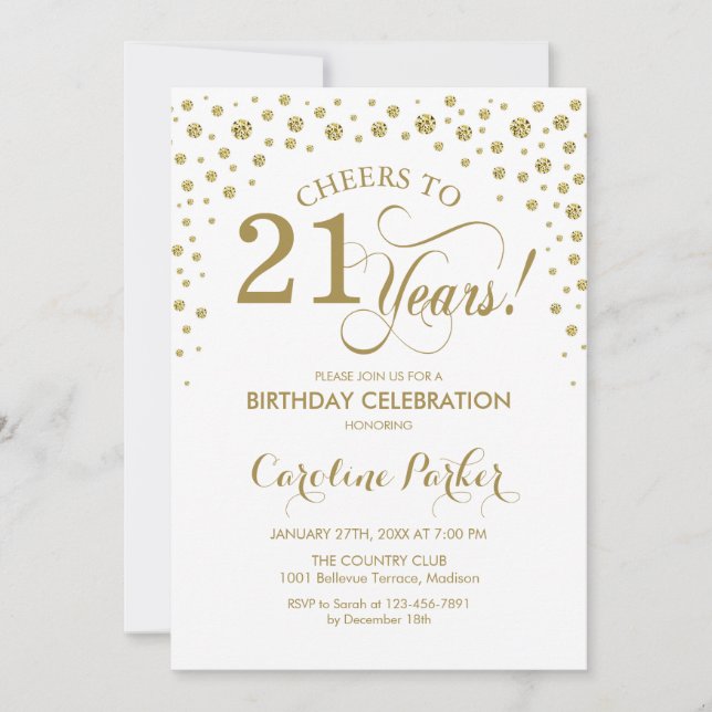 21st Birthday Party Invitation - Gold White (Front)