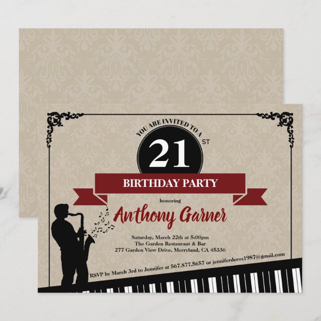 21st birthday party invitation Jazz music theme (Front/Back)