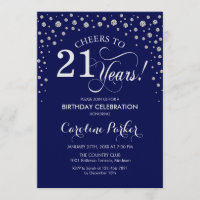 21st Birthday Party Invitation - Silver Navy Blue