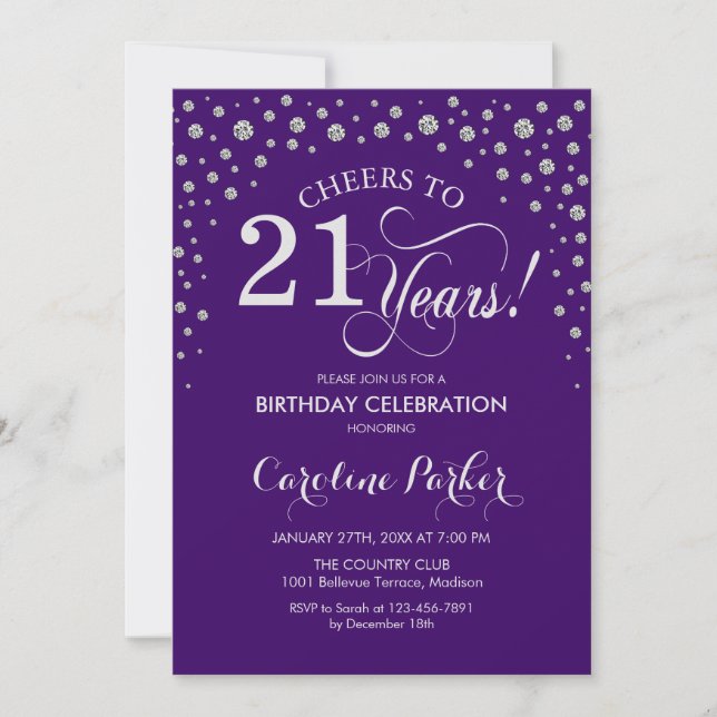 21st Birthday Party Invitation - Silver Purple (Front)