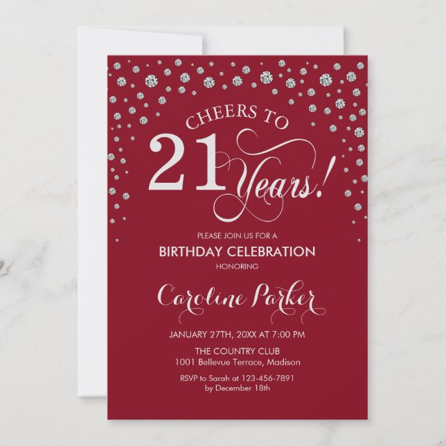 21st Birthday Party Invitation - Silver Red (Front)