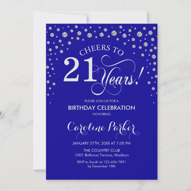 21st Birthday Party Invitation - Silver Royal Blue (Front)