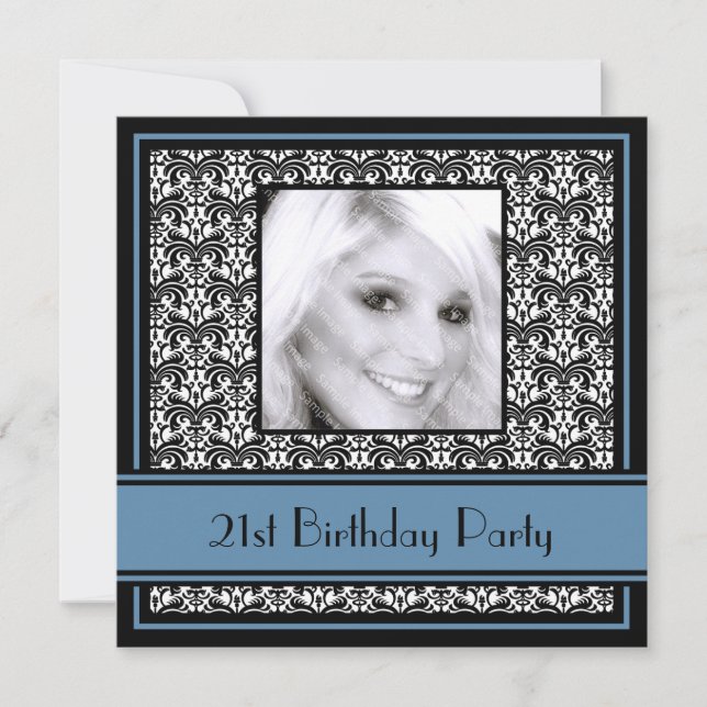 21st Birthday Party Invitations Damask Blue (Front)