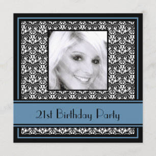 21st Birthday Party Invitations Damask Blue