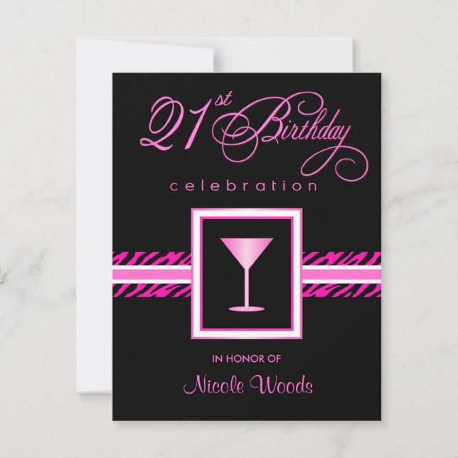 21st Birthday Party Invitations - Hot Pink Zebra (Front)