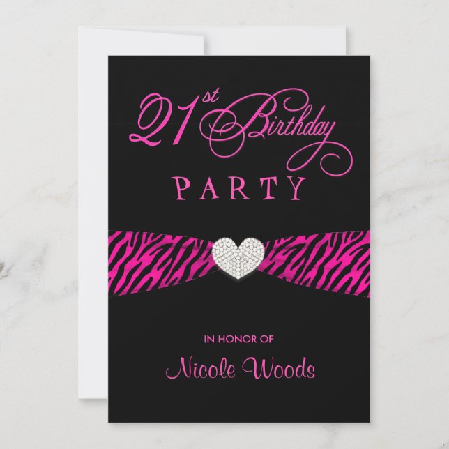 21st Birthday Party Invitations - Hot Pink Zebra (Front)