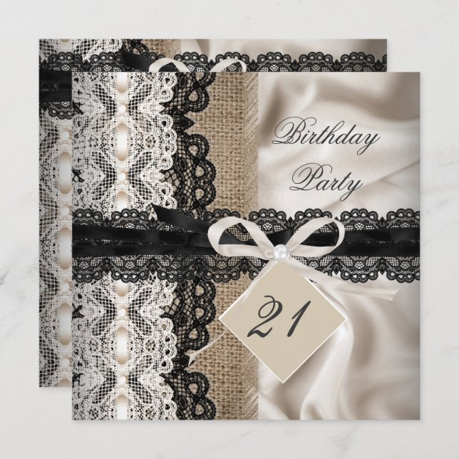 21st Birthday Party Lace Rustic Burlap Silk Invitation (Front/Back)