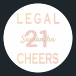 21st birthday party legal cheers rose gold white classic round sticker<br><div class="desc">A sticker for a 21st birthday party. Personalise and add a name and age 21. Golden and rose gold,  pink coloured letters.  A chic white background colour.  The text: Legal and Cheers in bold golden and rose gold.</div>