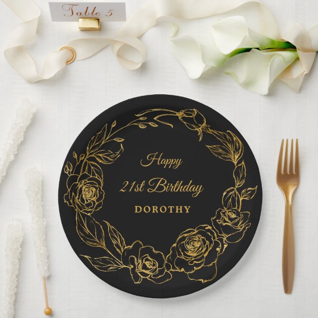 21st Birthday Party Luxe Gold Rose Floral Black Paper Plate (Wedding)