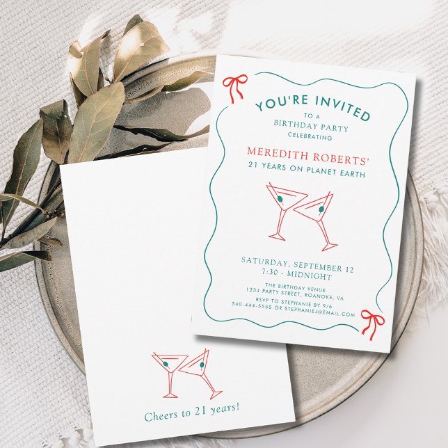 21st Birthday Party Martini Glasses Cheers Invitation (Martini Toast Cheers to 21 Years Birthday Party Invitation)