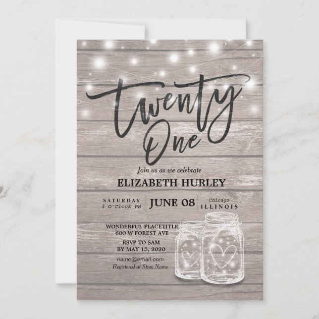 21st Birthday Party Mason Jars String Lights Wood Invitation (Front)