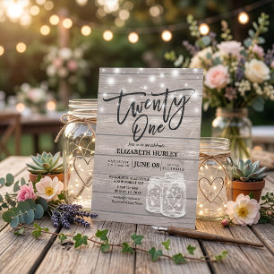 21st Birthday Party Mason Jars String Lights Wood Invitation