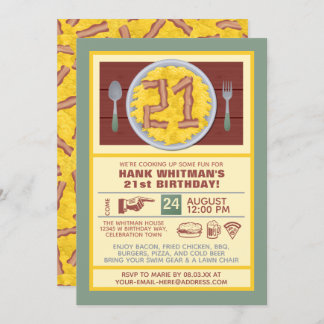 21st Birthday Party Mens Funny Bacon Eggs Theme Invitation