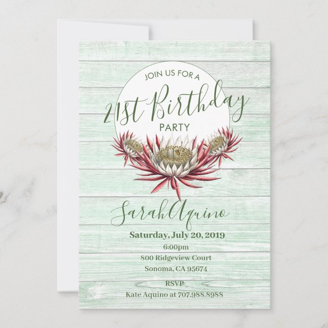 21st Birthday Party Moonlight Cactus Aqua Wood Invitation (Front)