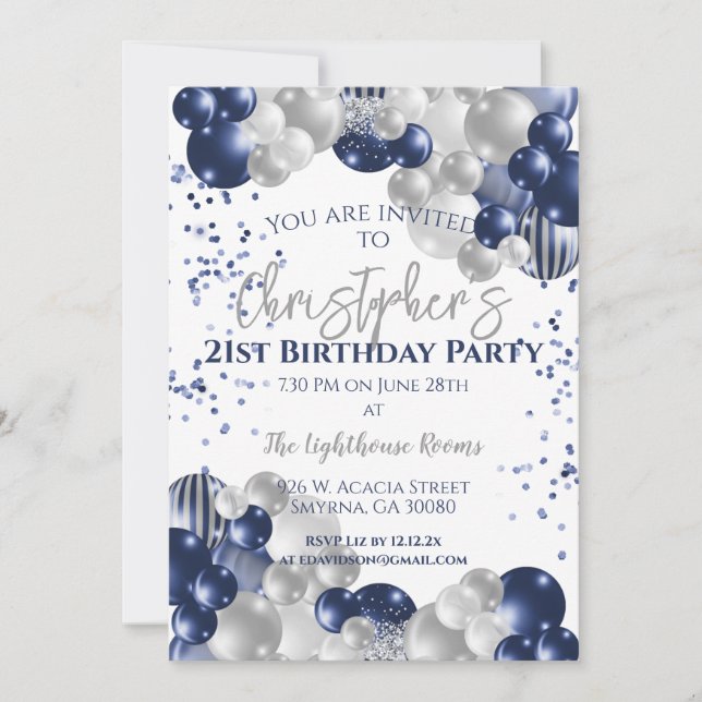 21st Birthday Party Navy Balloons Invitation (Front)