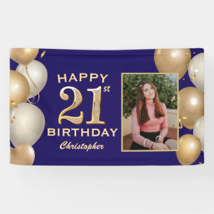 21st Birthday Party Navy Blue and Gold Balloons Banner