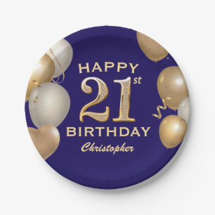21st Birthday Party Navy Blue and Gold Balloons Paper Plate