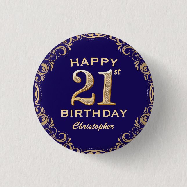 21st Birthday Party Navy Blue and Gold Glitter 3 Cm Round Badge (Front)