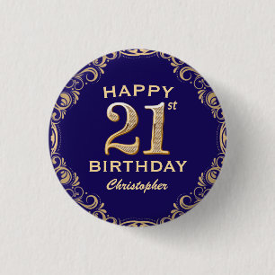 21st Birthday Party Navy Blue and Gold Glitter 3 Cm Round Badge