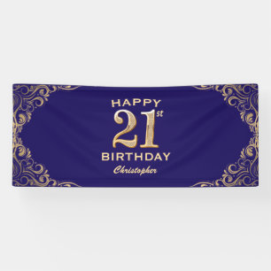 21st Birthday Party Navy Blue and Gold Glitter Banner