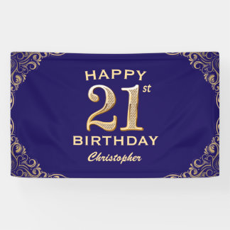 21st Birthday Party Navy Blue and Gold Glitter Banner