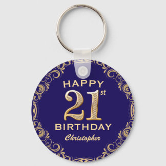 21st Birthday Party Navy Blue and Gold Glitter Key Ring