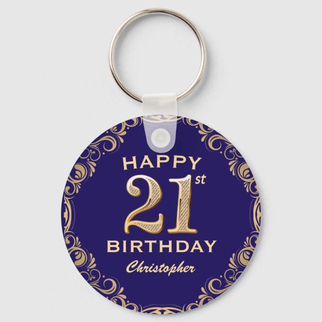 21st Birthday Party Navy Blue and Gold Glitter Key Ring (Front)