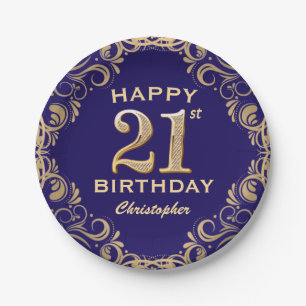 21st Birthday Party Navy Blue and Gold Glitter Paper Plate