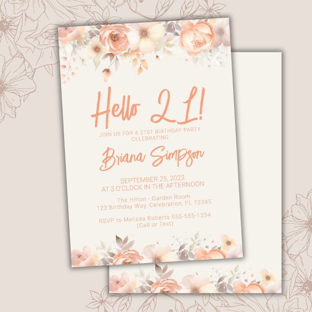 21st Birthday Party Peach Beige Ivory Floral Invitation (Creator Uploaded)