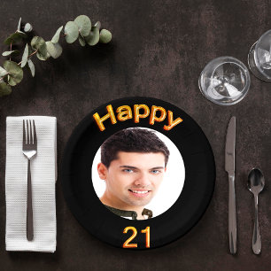 21st birthday party photo black gold balloons paper plate